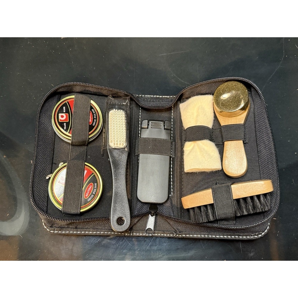 National Harbor Travel Shoe Shine Kit with Brushes Polish & Case